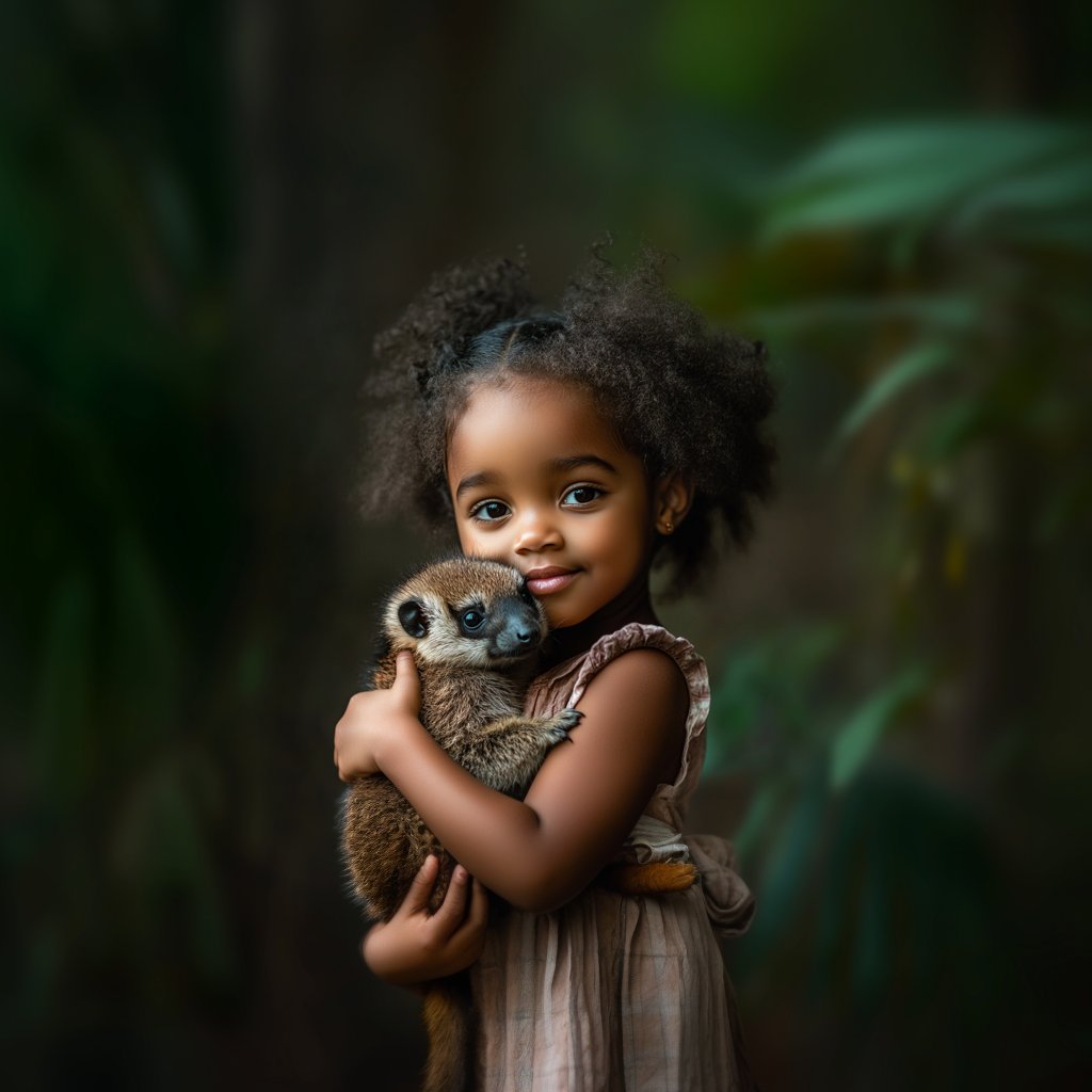 "Leona Fashion" - little girl holding a real animal in an enchanted forest scene, evoking imagination and wonder.