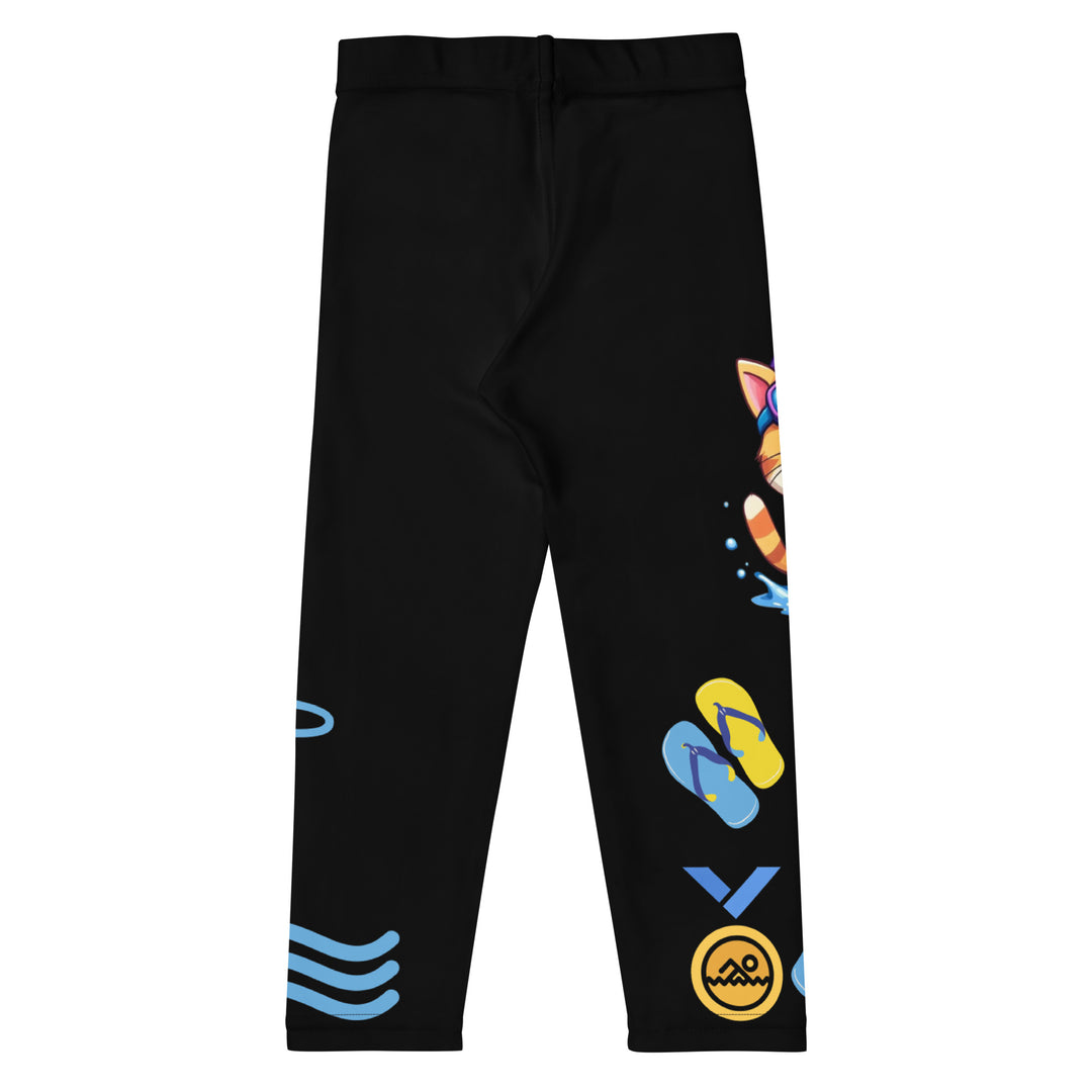 Aqua Kitty Winner Girls Leggings, black background with a blue and yellow swimmer cat wearing a diving mask and swim cap on one leg, golden medal and pool slippers below, "at the pool" text with water drop, and pool water with ladder on the other leg, back view