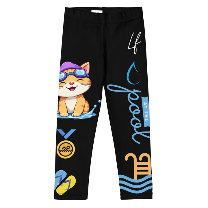 Aqua Kitty Winner Girls Leggings, black background with a blue and yellow swimmer cat wearing a diving mask and swim cap on one leg, golden medal and pool slippers below, "at the pool" text with water drop, and pool water with ladder on the other leg, front view