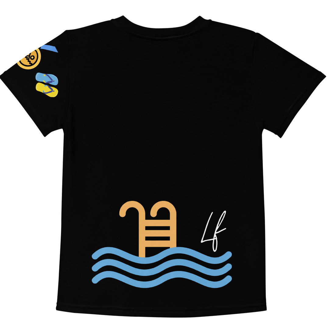  Aqua Kitty Winner Girls T-shirt, black background with a blue and yellow swimmer cat wearing diving goggles and a swim cap on the front, blue "At the pool" text above, water with drops below, golden medal and pool slippers on the left sleeve, and pool water waves with ladder on the back, back view