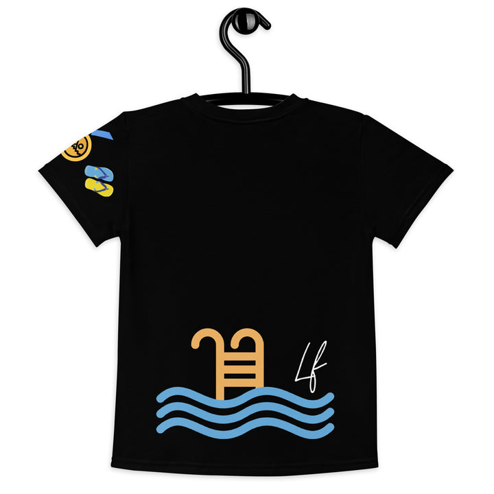 Aqua Kitty Winner Girls T-shirt, black background with a blue and yellow swimmer cat wearing diving goggles and a swim cap on the front, blue "At the pool" text above, water with drops below, golden medal and pool slippers on the left sleeve, and pool water waves with ladder on the back, back view on hanger