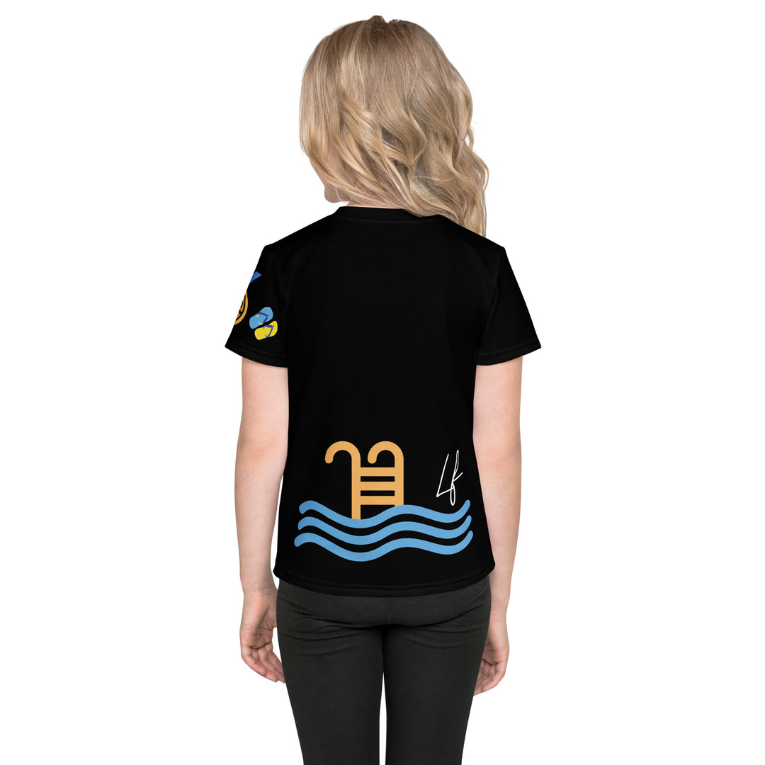 Aqua Kitty Winner Girls T-shirt, black background with a blue and yellow swimmer cat wearing diving goggles and a swim cap on the front, blue "At the pool" text above, water with drops below, golden medal and pool slippers on the left sleeve, and pool water waves with ladder on the back, back view on model