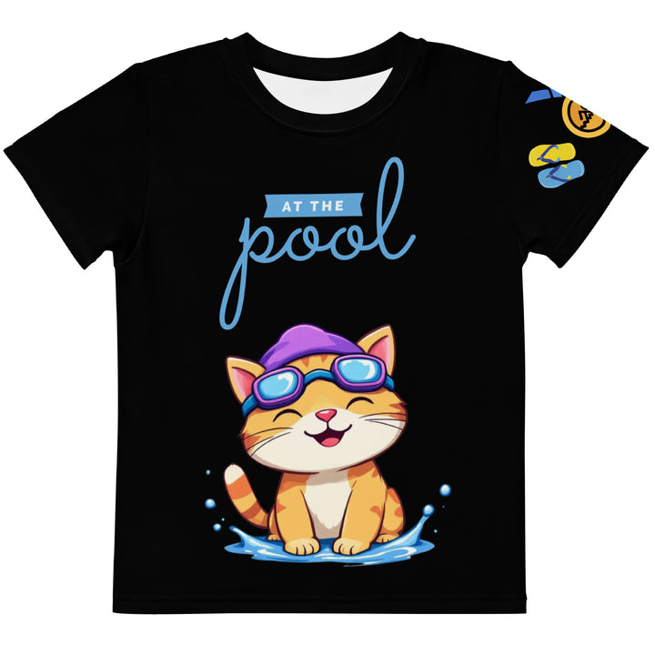 Aqua Kitty Winner Girls T-shirt, black background with a blue and yellow swimmer cat wearing diving goggles and a swim cap on the front, blue "At the pool" text above, water with drops below, golden medal and pool slippers on the left sleeve, and pool water waves with ladder on the back, front view