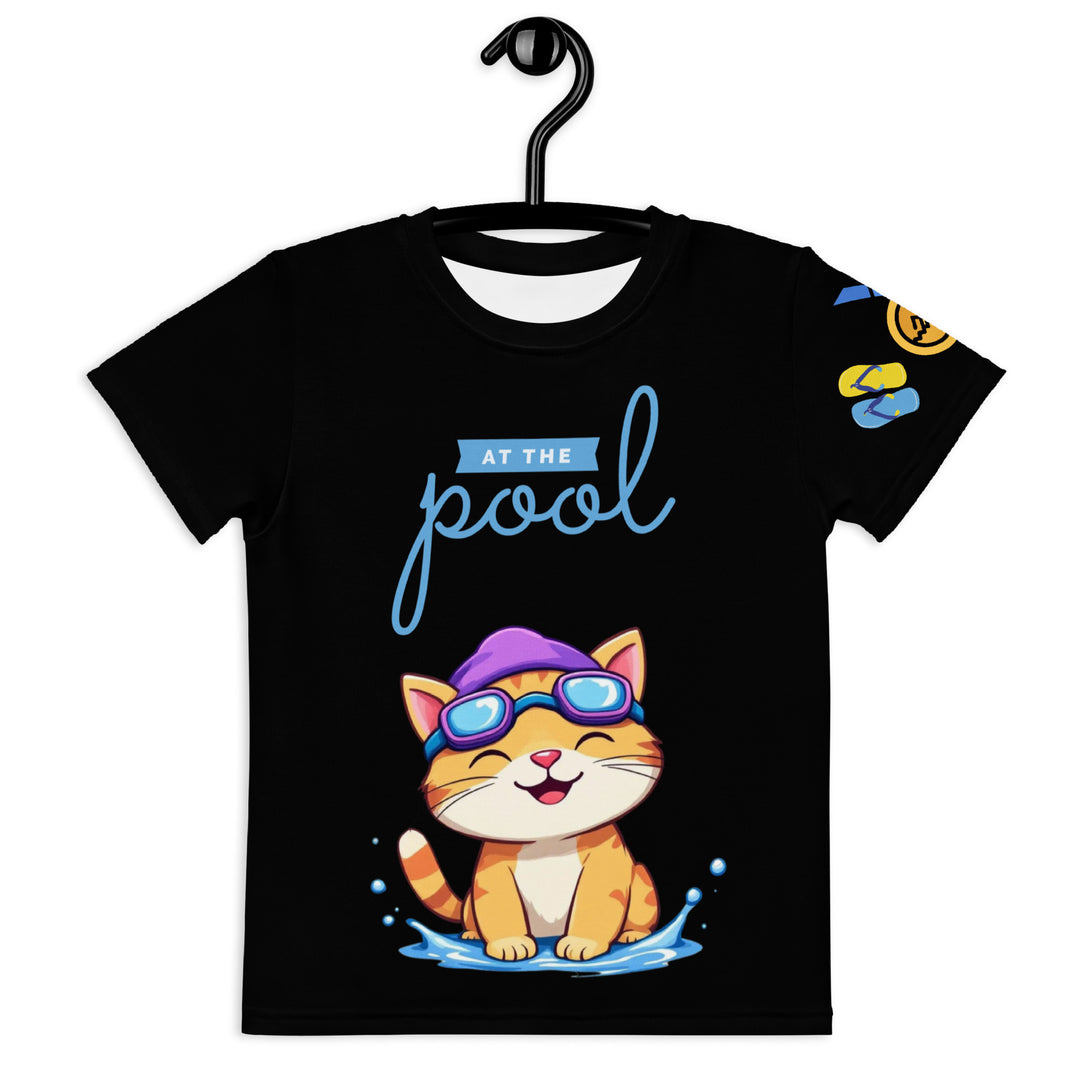 Aqua Kitty Winner Girls T-shirt, black background with a blue and yellow swimmer cat wearing diving goggles and a swim cap on the front, blue "At the pool" text above, water with drops below, golden medal and pool slippers on the left sleeve, and pool water waves with ladder on the back, front view on hanger