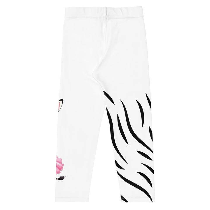  Ballet Black and White Zebra Girls Leggings, white background with a black and white zebra wearing a pink ballet skirt on the lower part of one leg, and black zebra stripes on the lower part of the other leg, back view