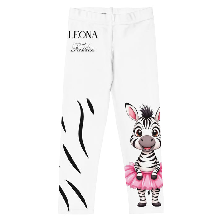  Ballet Black and White Zebra Girls Leggings, white background with a black and white zebra wearing a pink ballet skirt on the lower part of one leg, and black zebra stripes on the lower part of the other leg, front view-with a visible 'Leona Fashion' text on the design
