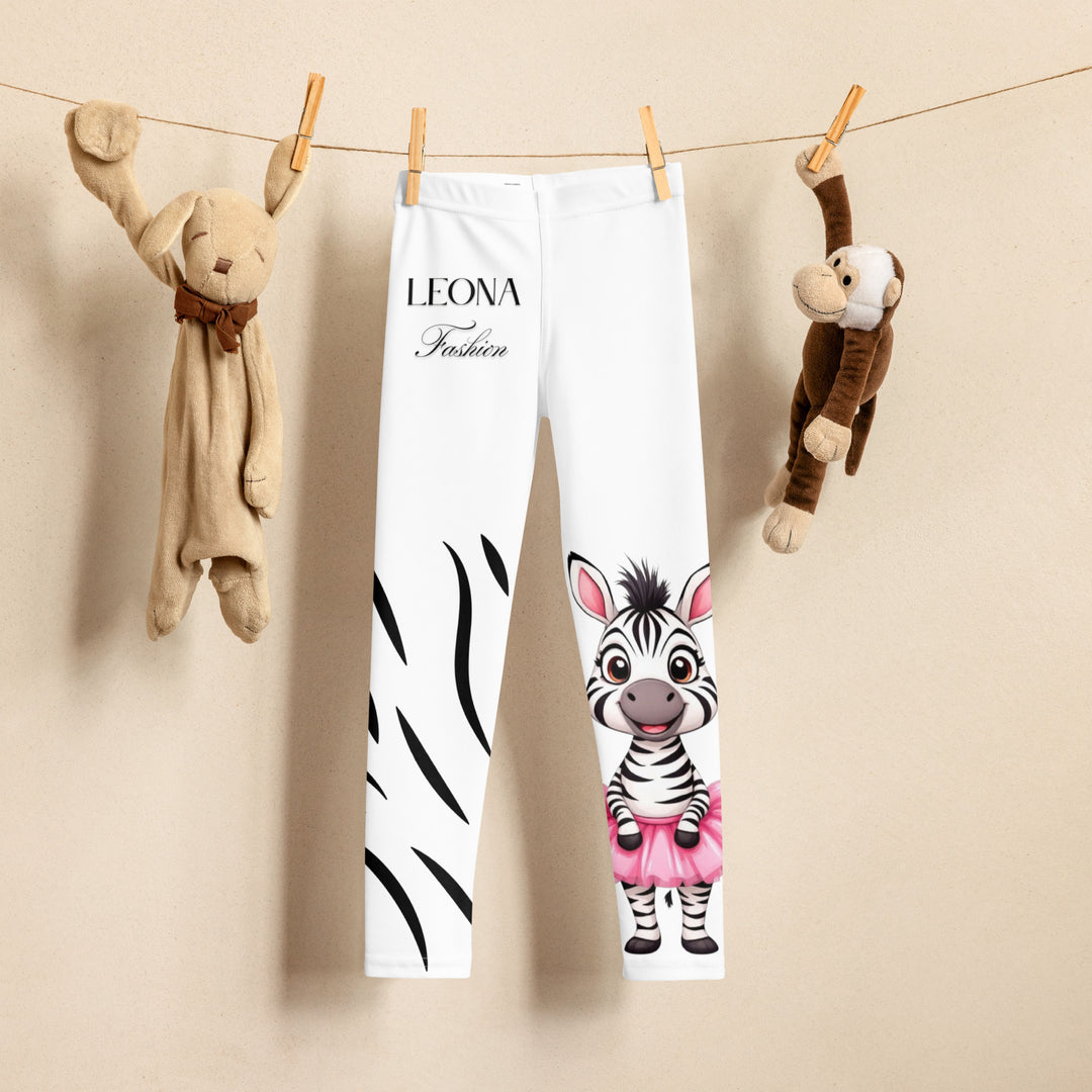  Ballet Black and White Zebra Girls Leggings, white background with a black and white zebra wearing a pink ballet skirt on the lower part of one leg, and black zebra stripes on the lower part of the other leg, front view on hanger-with a visible 'Leona Fashion' text on the design