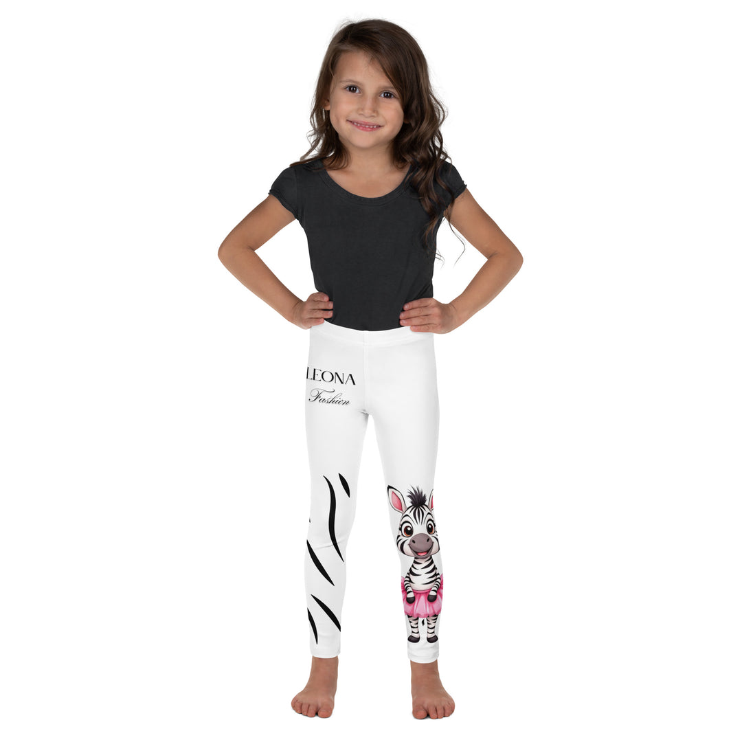  Ballet Black and White Zebra Girls Leggings, white background with a black and white zebra wearing a pink ballet skirt on the lower part of one leg, and black zebra stripes on the lower part of the other leg, front view on model-with a visible 'Leona Fashion' text on the design