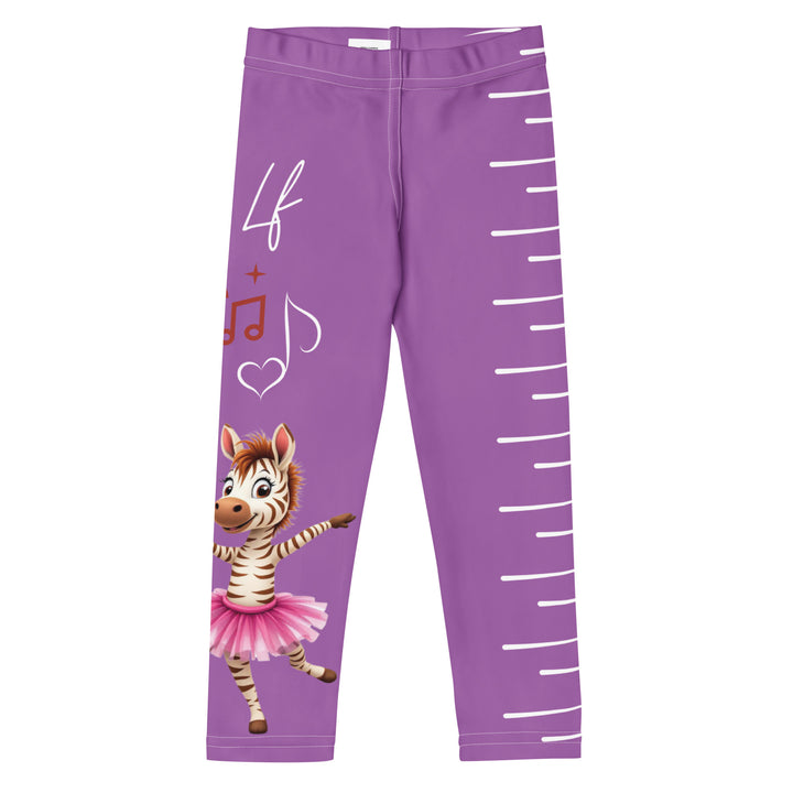 Ballet Sweet Zebra Girls Leggings, purple background with a brown and white zebra in a pink ballet skirt standing on one leg with arms extended, brown music notes above, and white vertical stripes running down the opposite leg, front view