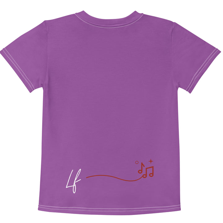 Ballet Sweet Zebra Girls T-shirt, purple background with a brown and white zebra in a pink ballet skirt standing on one leg with arms extended, surrounded by white movement lines, and a music note near the bottom on the back, back view