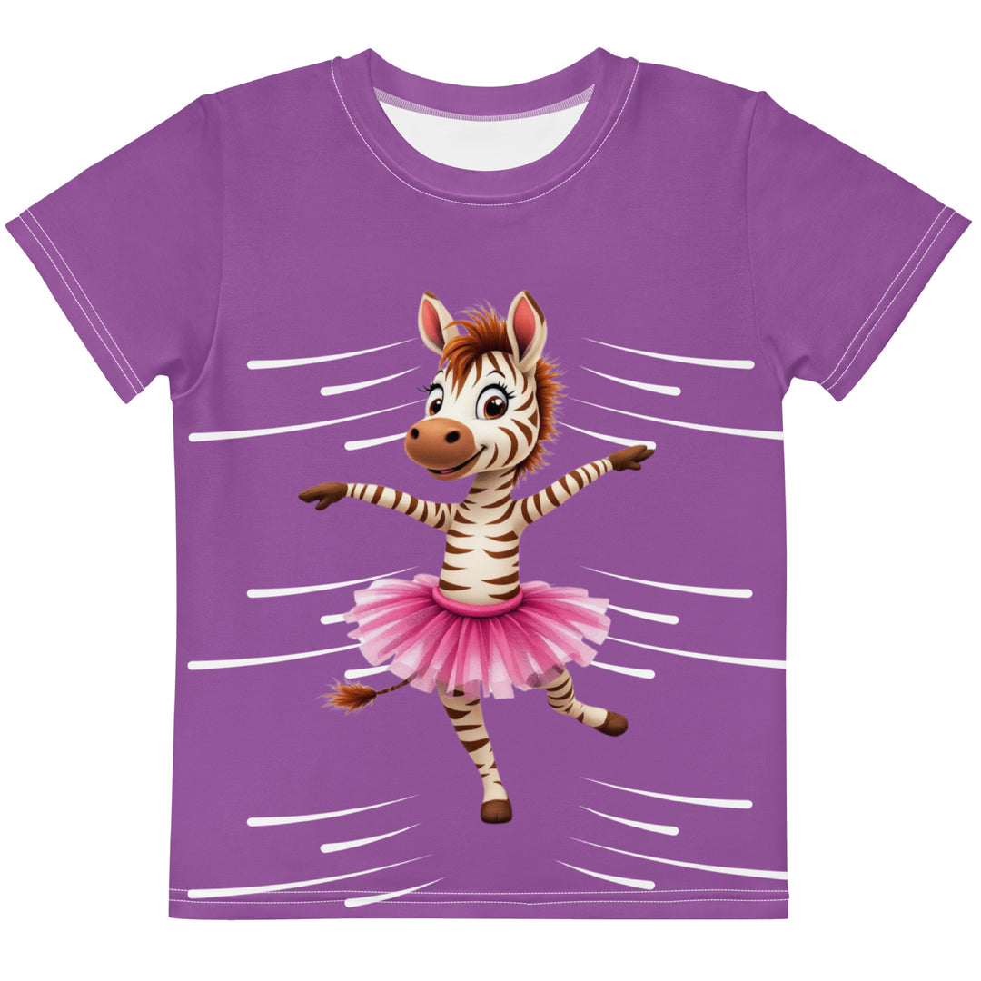 Ballet Sweet Zebra Girls T-shirt, purple background with a brown and white zebra in a pink ballet skirt standing on one leg with arms extended, surrounded by white movement lines, and a music note near the bottom on the back, front view