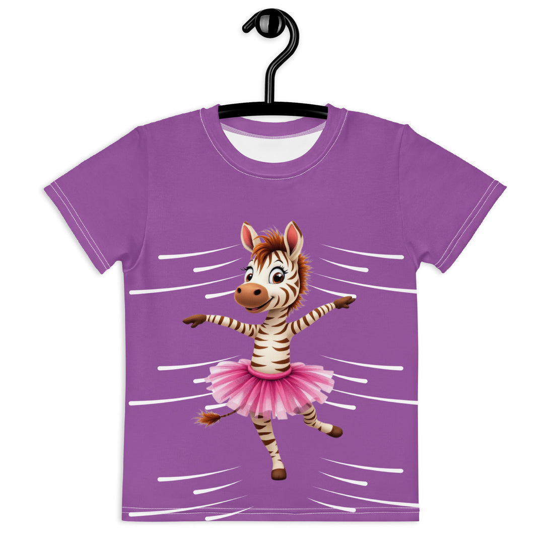  Ballet Sweet Zebra Girls T-shirt, purple background with a brown and white zebra in a pink ballet skirt standing on one leg with arms extended, surrounded by white movement lines, and a music note near the bottom on the back, front view on hanger