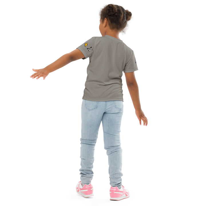 Bamboo Panda Girls T-shirt, dark gray background with a black and white panda holding a bamboo in its hand on the front, surrounded by two yellow butterflies, and black, white, and yellow butterflies on the left sleeve, back pose on model