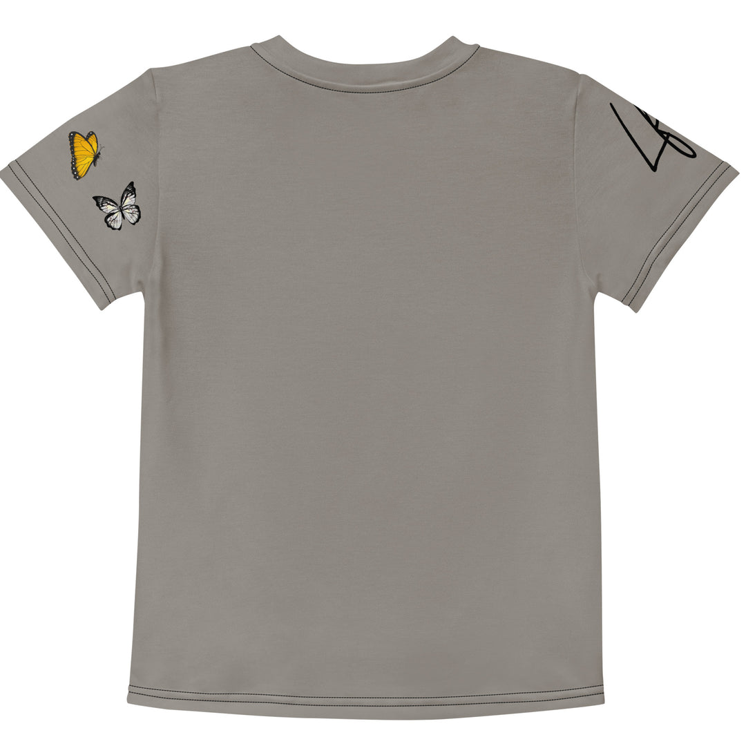  Bamboo Panda Girls T-shirt, dark gray background with a black and white panda holding a bamboo in its hand on the front, surrounded by two yellow butterflies, and black, white, and yellow butterflies on the left sleeve, back view