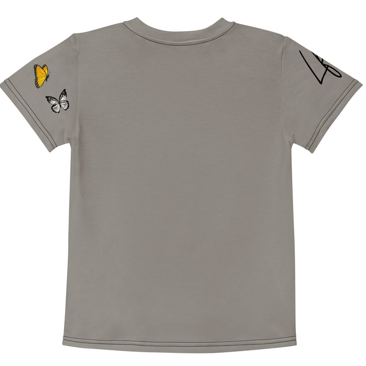  Bamboo Panda Girls T-shirt, dark gray background with a black and white panda holding a bamboo in its hand on the front, surrounded by two yellow butterflies, and black, white, and yellow butterflies on the left sleeve, back view