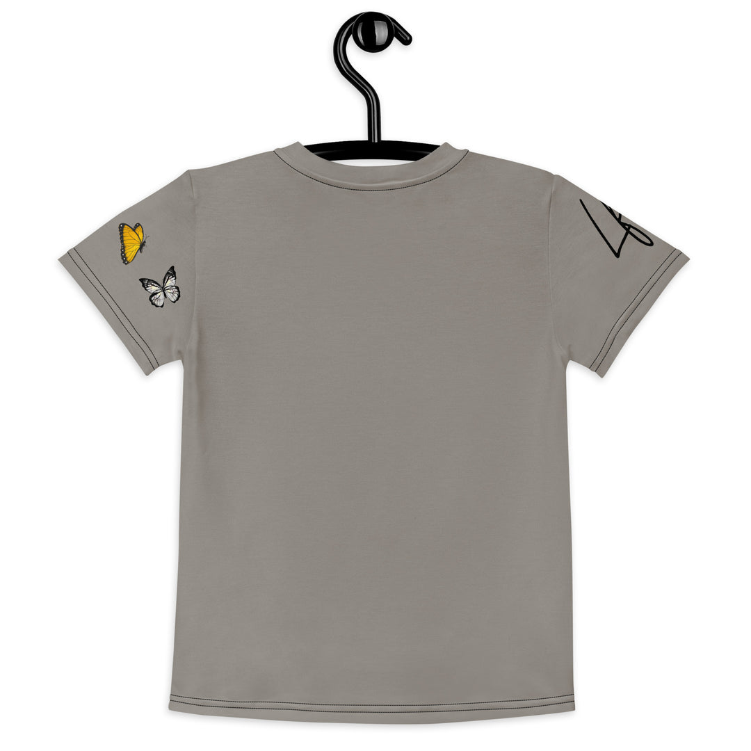  Bamboo Panda Girls T-shirt, dark gray background with a black and white panda holding a bamboo in its hand on the front, surrounded by two yellow butterflies, and black, white, and yellow butterflies on the left sleeve, back view on hanger