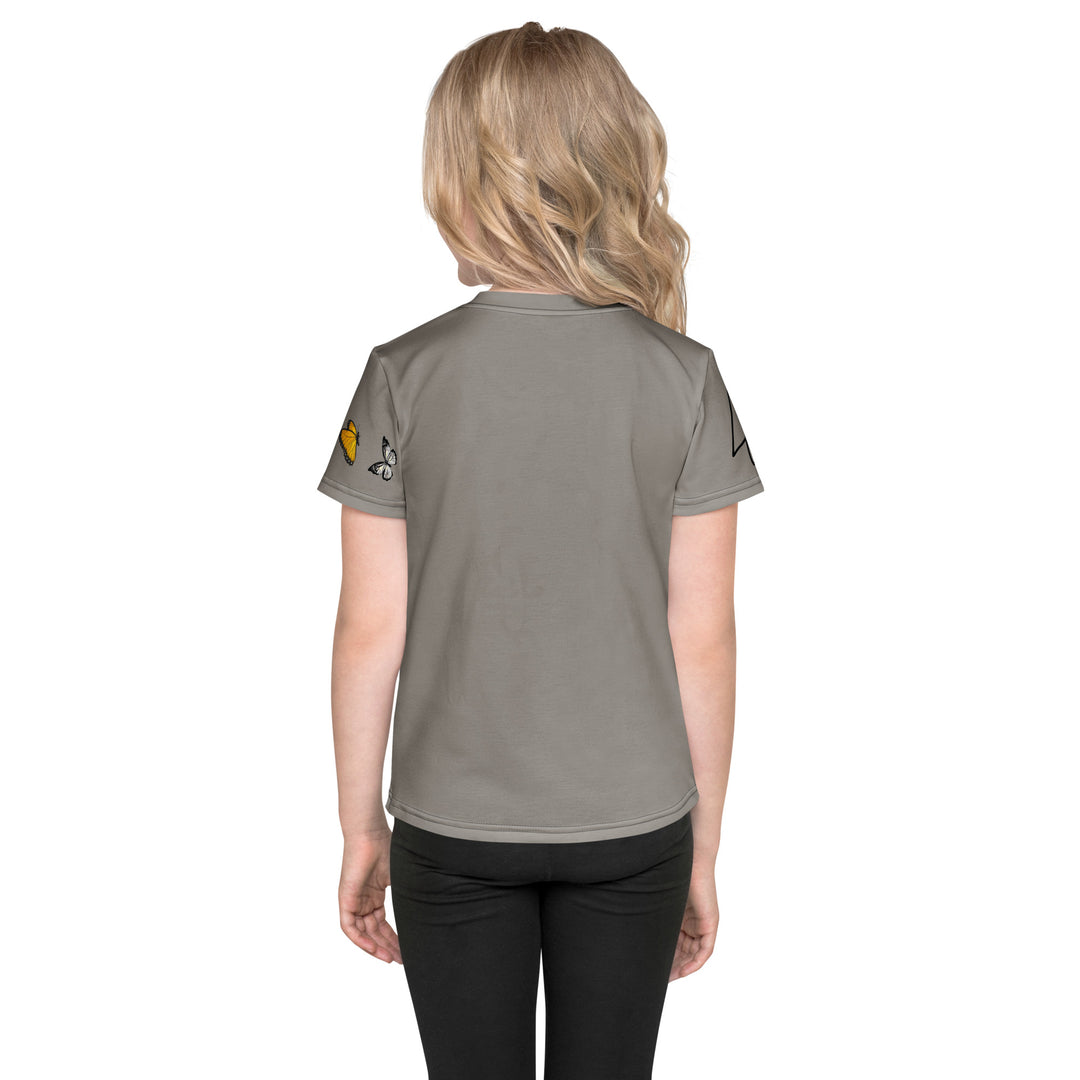 Bamboo Panda Girls T-shirt, dark gray background with a black and white panda holding a bamboo in its hand on the front, surrounded by two yellow butterflies, and black, white, and yellow butterflies on the left sleeve, back view on model