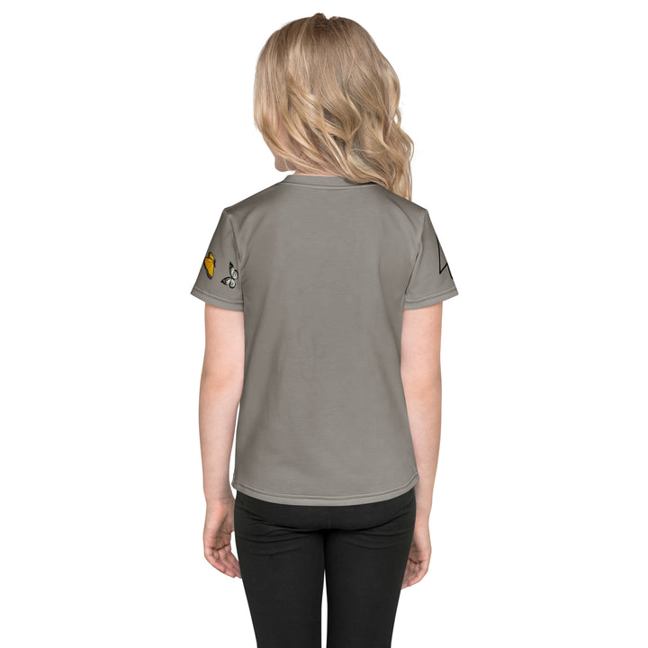 Bamboo Panda Girls T-shirt, dark gray background with a black and white panda holding a bamboo in its hand on the front, surrounded by two yellow butterflies, and black, white, and yellow butterflies on the left sleeve, back view on model