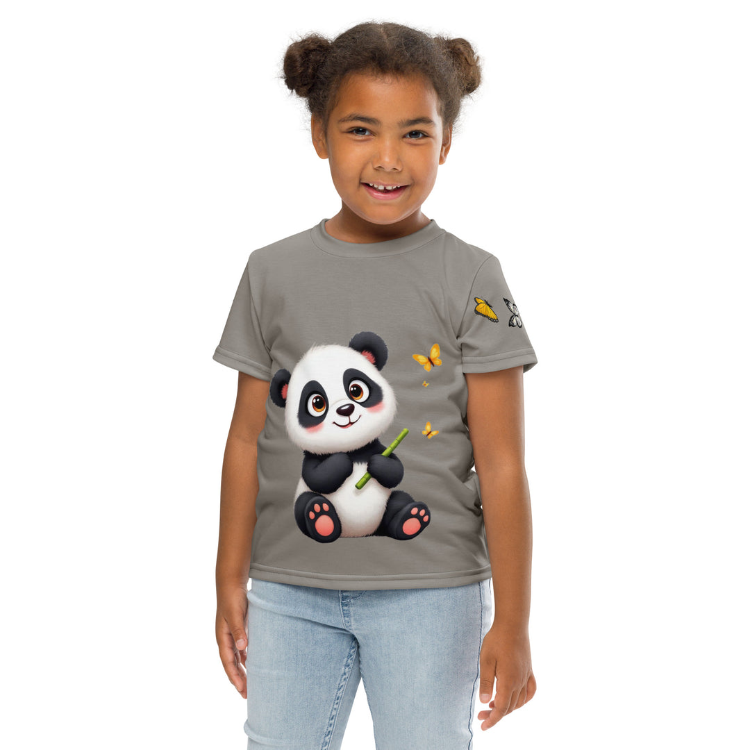 Bamboo Panda Girls T-shirt, dark gray background with a black and white panda holding a bamboo in its hand on the front, surrounded by two yellow butterflies, and black, white, and yellow butterflies on the left sleeve, front pose with arms at sides on model
