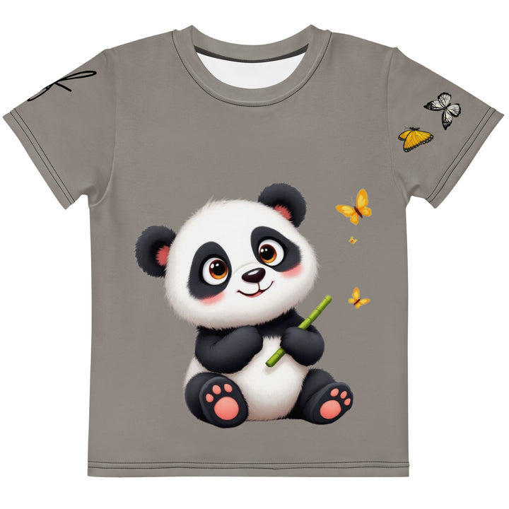 Bamboo Panda Girls T-shirt, dark gray background with a black and white panda holding a bamboo in its hand on the front, surrounded by two yellow butterflies, and black, white, and yellow butterflies on the left sleeve, front view
