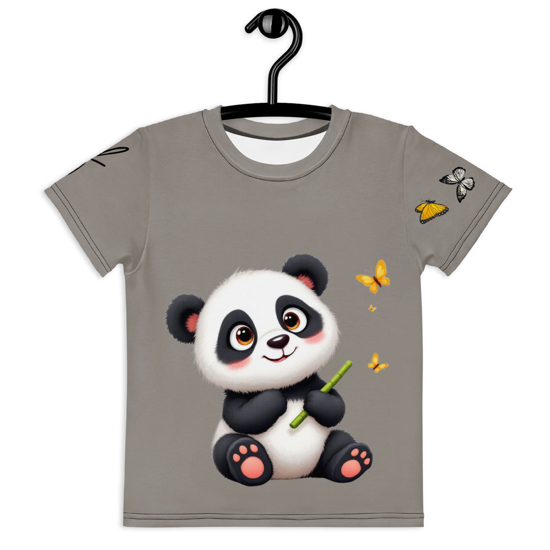 Bamboo Panda Girls T-shirt, dark gray background with a black and white panda holding a bamboo in its hand on the front, surrounded by two yellow butterflies, and black, white, and yellow butterflies on the left sleeve, front view on hanger