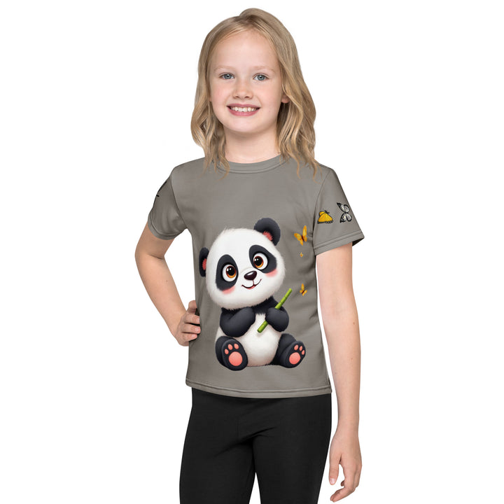 Bamboo Panda Girls T-shirt, dark gray background with a black and white panda holding a bamboo in its hand on the front, surrounded by two yellow butterflies, and black, white, and yellow butterflies on the left sleeve, front view on model