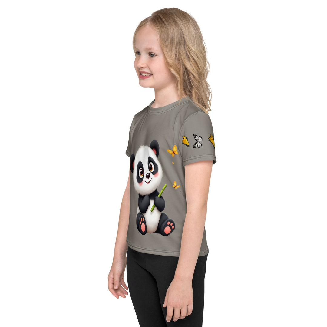 Bamboo Panda Girls T-shirt, dark gray background with a black and white panda holding a bamboo in its hand on the front, surrounded by two yellow butterflies, and black, white, and yellow butterflies on the left sleeve, left side view on model