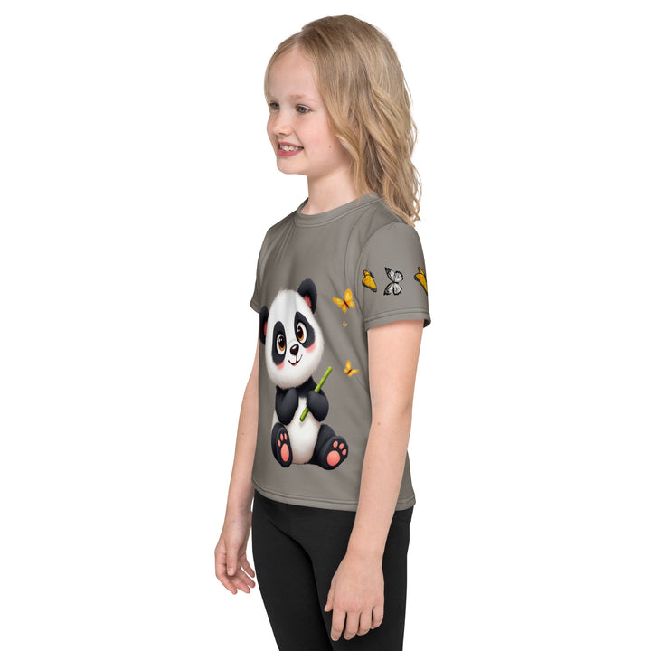 Bamboo Panda Girls T-shirt, dark gray background with a black and white panda holding a bamboo in its hand on the front, surrounded by two yellow butterflies, and black, white, and yellow butterflies on the left sleeve, left side view on model