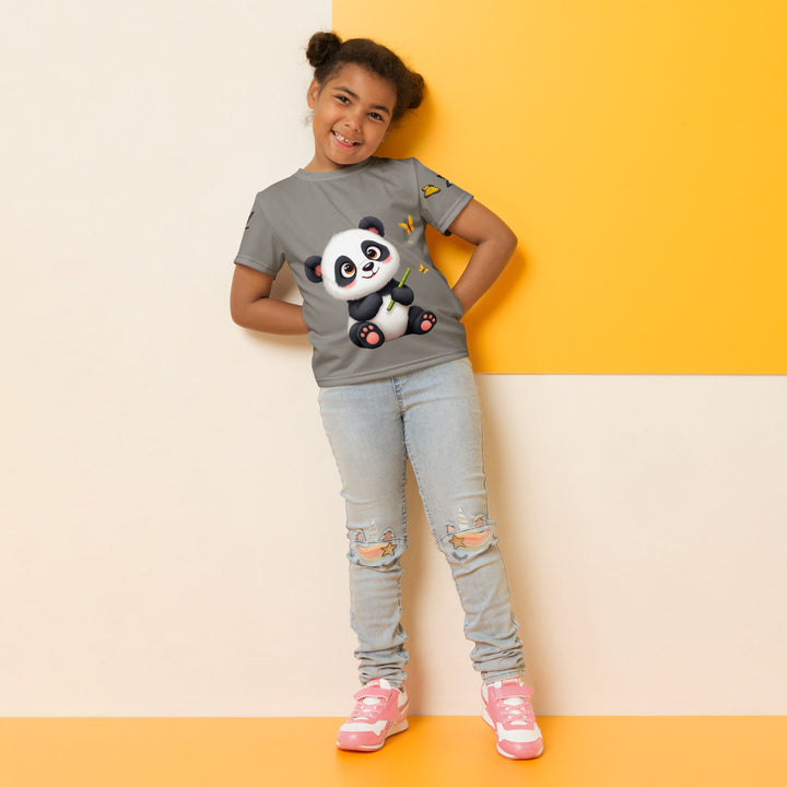  Bamboo Panda Girls T-shirt, dark gray background with a black and white panda holding a bamboo in its hand on the front, surrounded by two yellow butterflies, and black, white, and yellow butterflies on the left sleeve, relaxed front pose on model