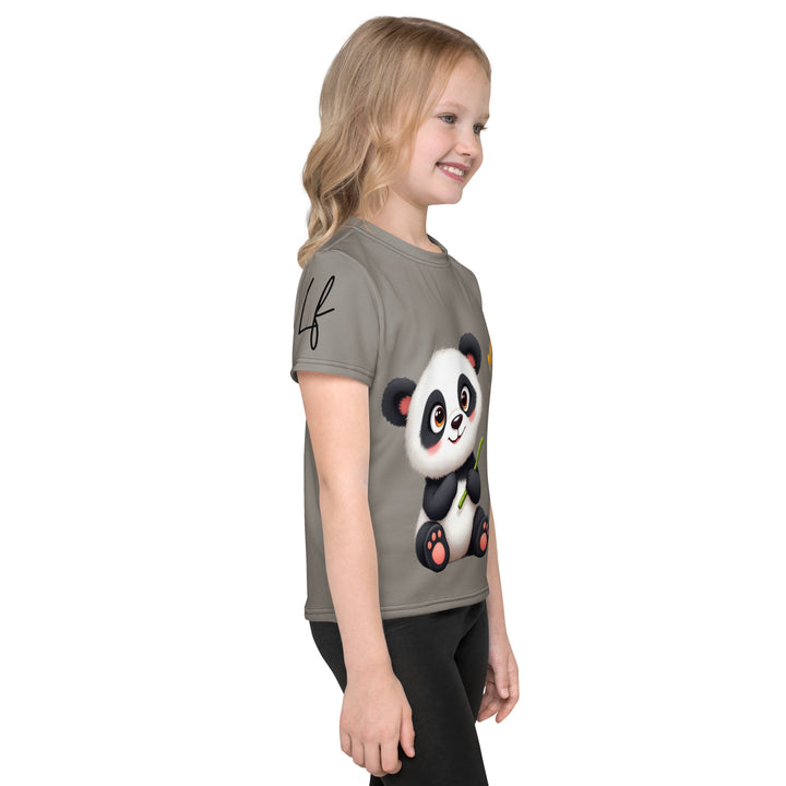 Bamboo Panda Girls T-shirt, dark gray background with a black and white panda holding a bamboo in its hand on the front, surrounded by two yellow butterflies, and black, white, and yellow butterflies on the left sleeve, right side view on model
