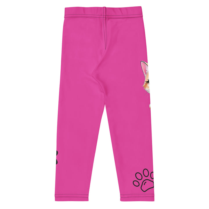 Cat Trace Girls Leggings, pink background with a yellow cat wearing a pink dress at the top of one leg, black paw prints and a black cat nose below, and a black line-drawn cat with black and cream paw prints on the other leg, back view
