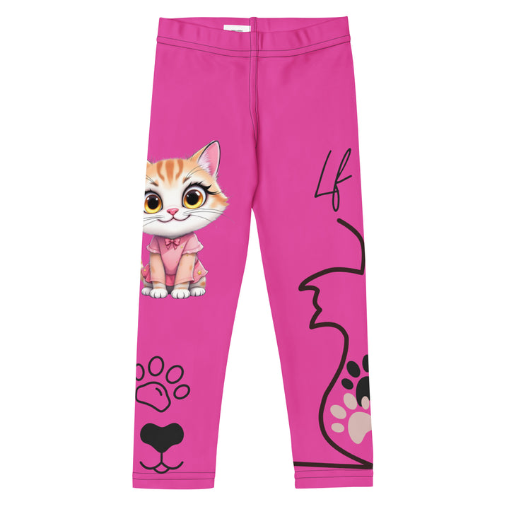 Cat Trace Girls Leggings, pink background with a yellow cat wearing a pink dress at the top of one leg, black paw prints and a black cat nose below, and a black line-drawn cat with black and cream paw prints on the other leg, front view