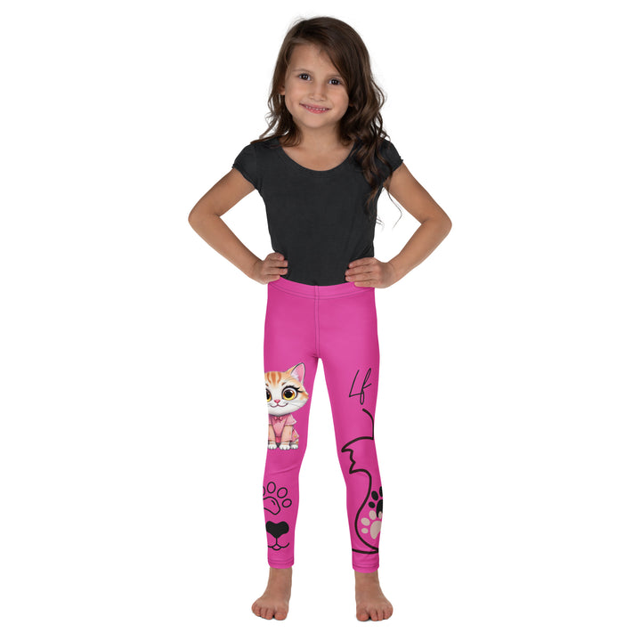 Cat Trace Girls Leggings, pink background with a yellow cat wearing a pink dress at the top of one leg, black paw prints and a black cat nose below, and a black line-drawn cat with black and cream paw prints on the other leg, front view on model