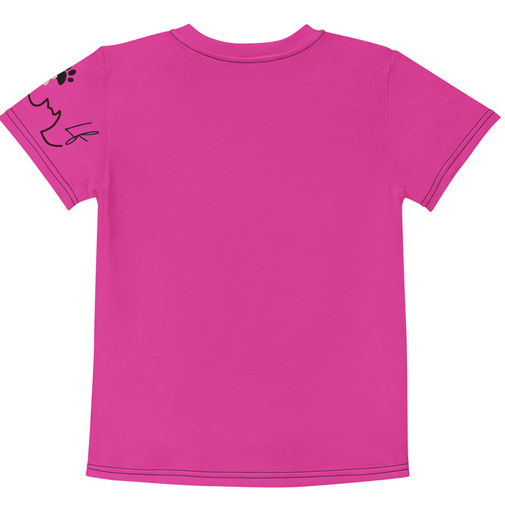 Cat Trace Girls T-shirt, pink background with a yellow cat sitting and wearing a light pink dress, with big eyes, long eyelashes, and a smiling expression on the front, and a black line-drawn cat with one black paw and one cream paw on the left sleeve, back view