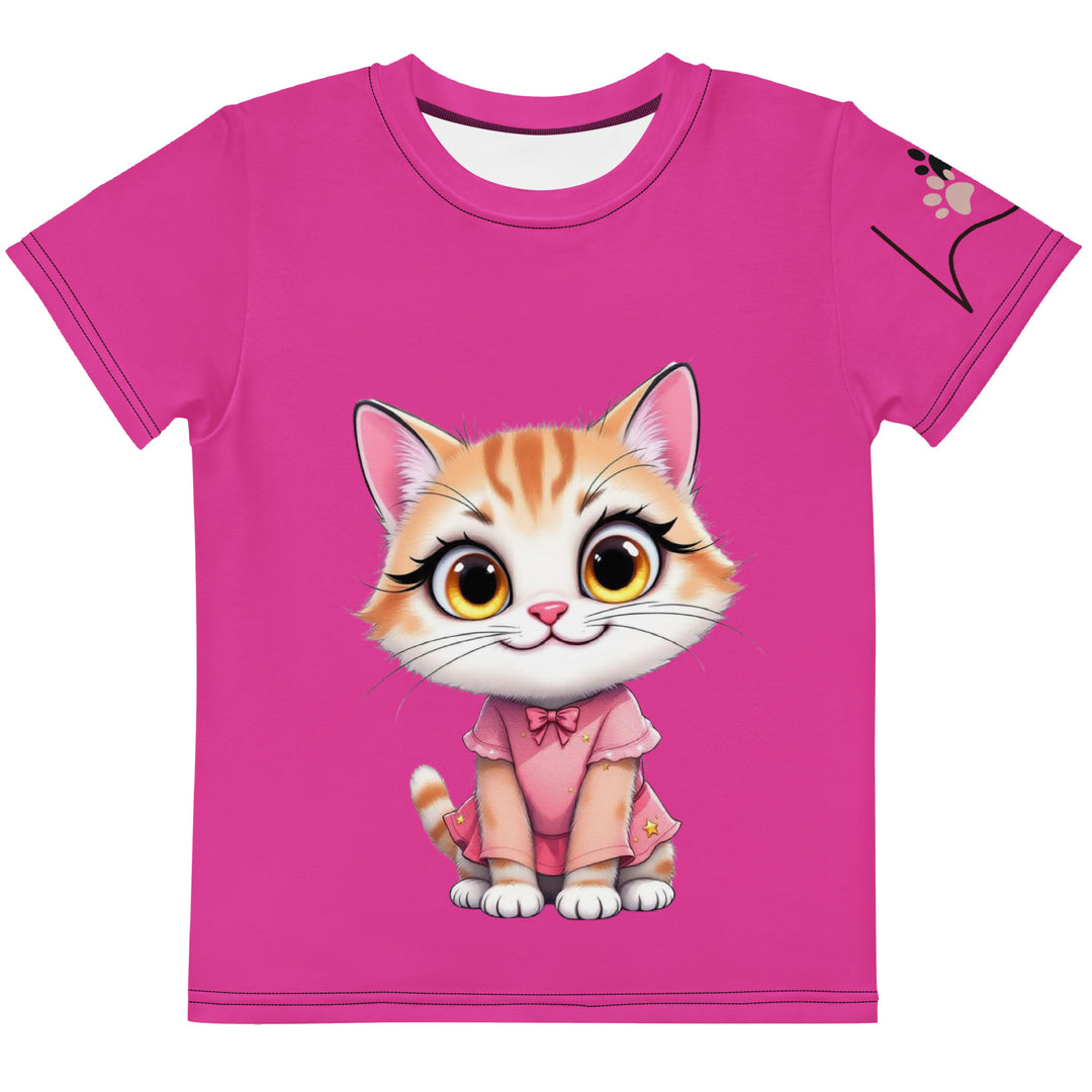 Cat Trace Girls T-shirt, pink background with a yellow cat sitting and wearing a light pink dress, with big eyes, long eyelashes, and a smiling expression on the front, and a black line-drawn cat with one black paw and one cream paw on the left sleeve, front view