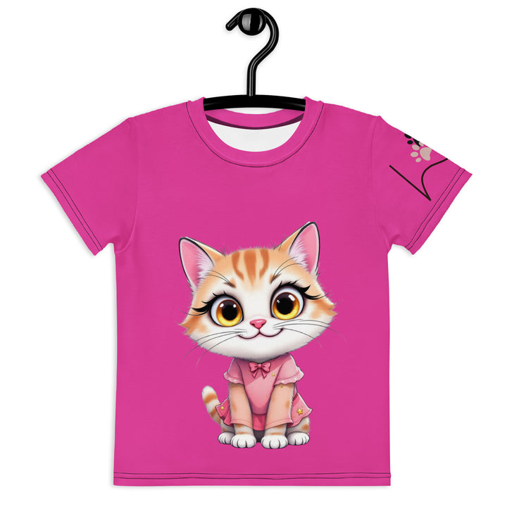 Cat Trace Girls T-shirt, pink background with a yellow cat sitting and wearing a light pink dress, with big eyes, long eyelashes, and a smiling expression on the front, and a black line-drawn cat with one black paw and one cream paw on the left sleeve, front view on hanger