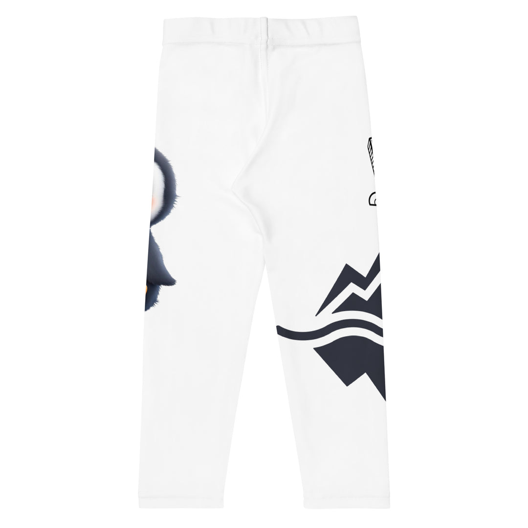 Chilly Penguin Girls Leggings, white background with a black and white small penguin sitting with green eyes on one leg, and a black and white iceberg with a wooden snow sign that says "NORTH POLE" on the other leg, back view
