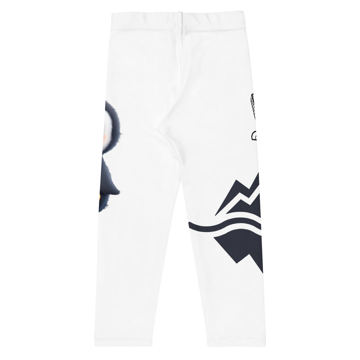 Chilly Penguin Girls Leggings, white background with a black and white small penguin sitting with green eyes on one leg, and a black and white iceberg with a wooden snow sign that says "NORTH POLE" on the other leg, back view