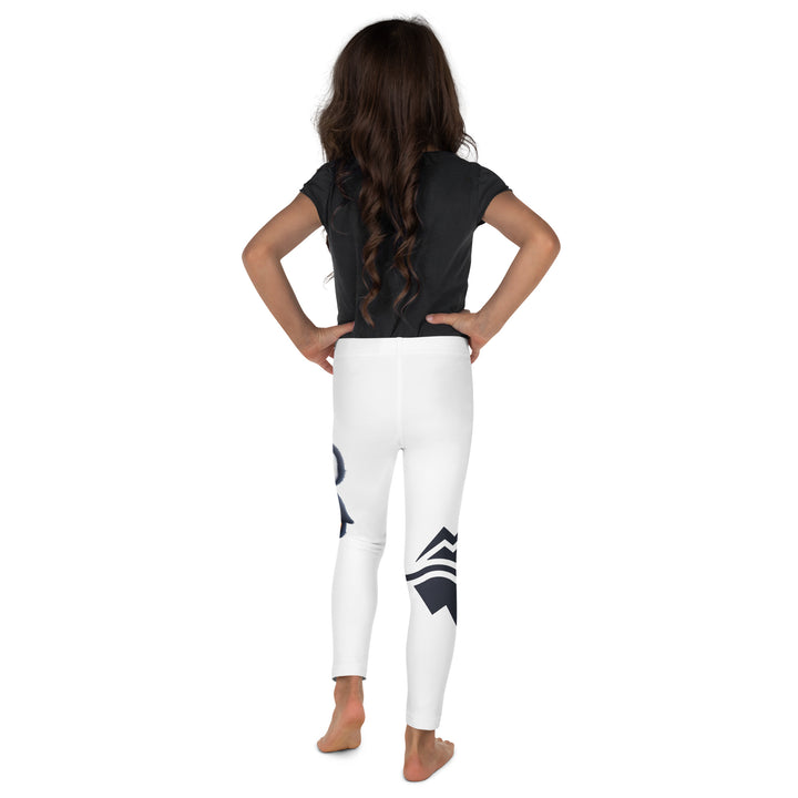 Chilly Penguin Girls Leggings, white background with a black and white small penguin sitting with green eyes on one leg, and a black and white iceberg with a wooden snow sign that says "NORTH POLE" on the other leg, back view on model