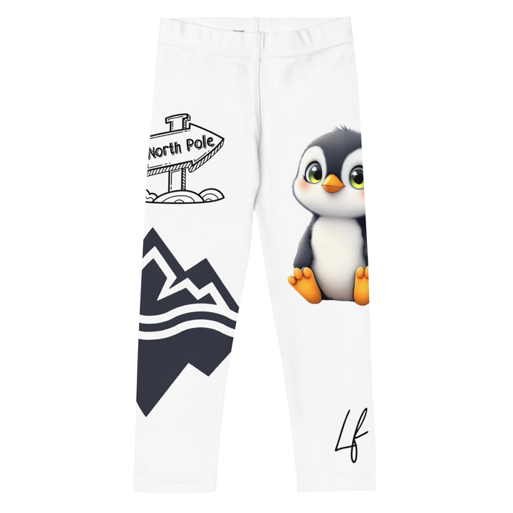 Chilly Penguin Girls Leggings, white background with a black and white small penguin sitting with green eyes on one leg, and a black and white iceberg with a wooden snow sign that says "NORTH POLE" on the other leg, front view