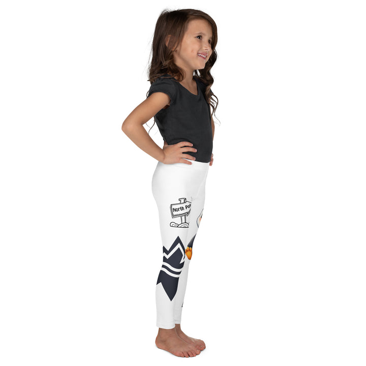 Chilly Penguin Girls Leggings, white background with a black and white small penguin sitting with green eyes on one leg, and a black and white iceberg with a wooden snow sign that says "NORTH POLE" on the other leg, right side view on model