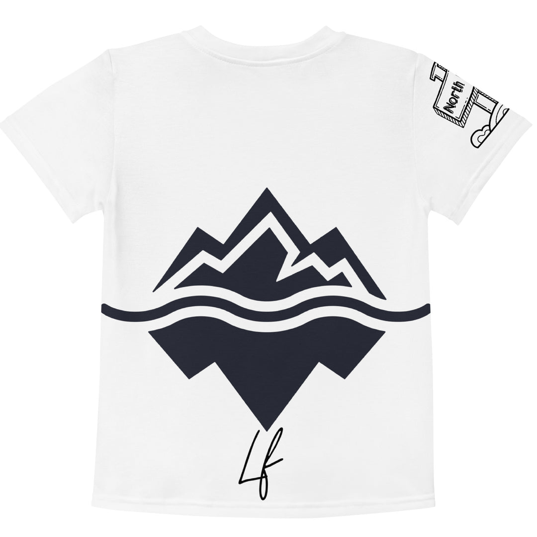 Chilly Penguin Girls T-shirt, white background with a black and white baby penguin sitting with green eyes on the front, a black line snow sign with "NORTH POLE" text on the left sleeve, and a black and white iceberg on the back, back view