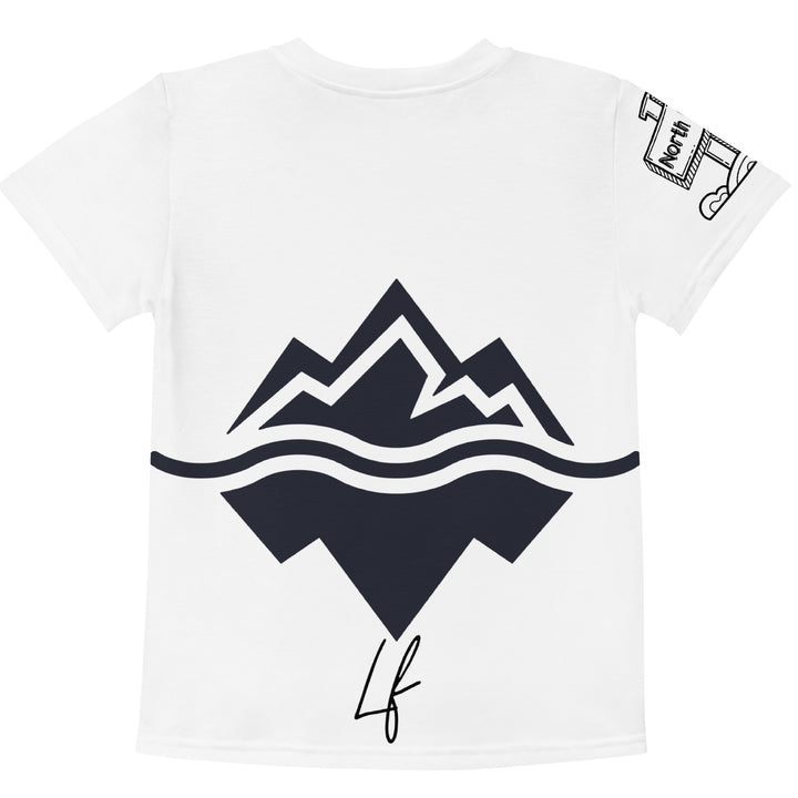 Chilly Penguin Girls T-shirt, white background with a black and white baby penguin sitting with green eyes on the front, a black line snow sign with "NORTH POLE" text on the left sleeve, and a black and white iceberg on the back, back view