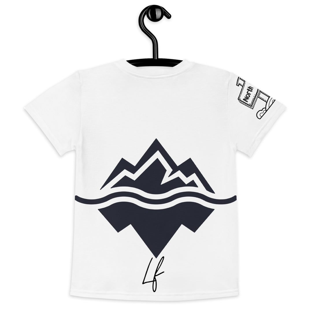 Chilly Penguin Girls T-shirt, white background with a black and white baby penguin sitting with green eyes on the front, a black line snow sign with "NORTH POLE" text on the left sleeve, and a black and white iceberg on the back, back view on hanger