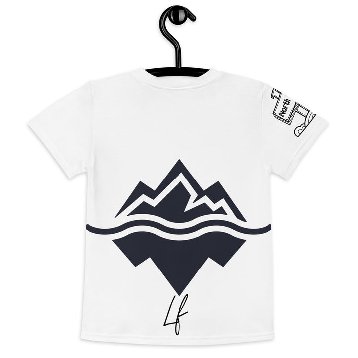 Chilly Penguin Girls T-shirt, white background with a black and white baby penguin sitting with green eyes on the front, a black line snow sign with "NORTH POLE" text on the left sleeve, and a black and white iceberg on the back, back view on hanger