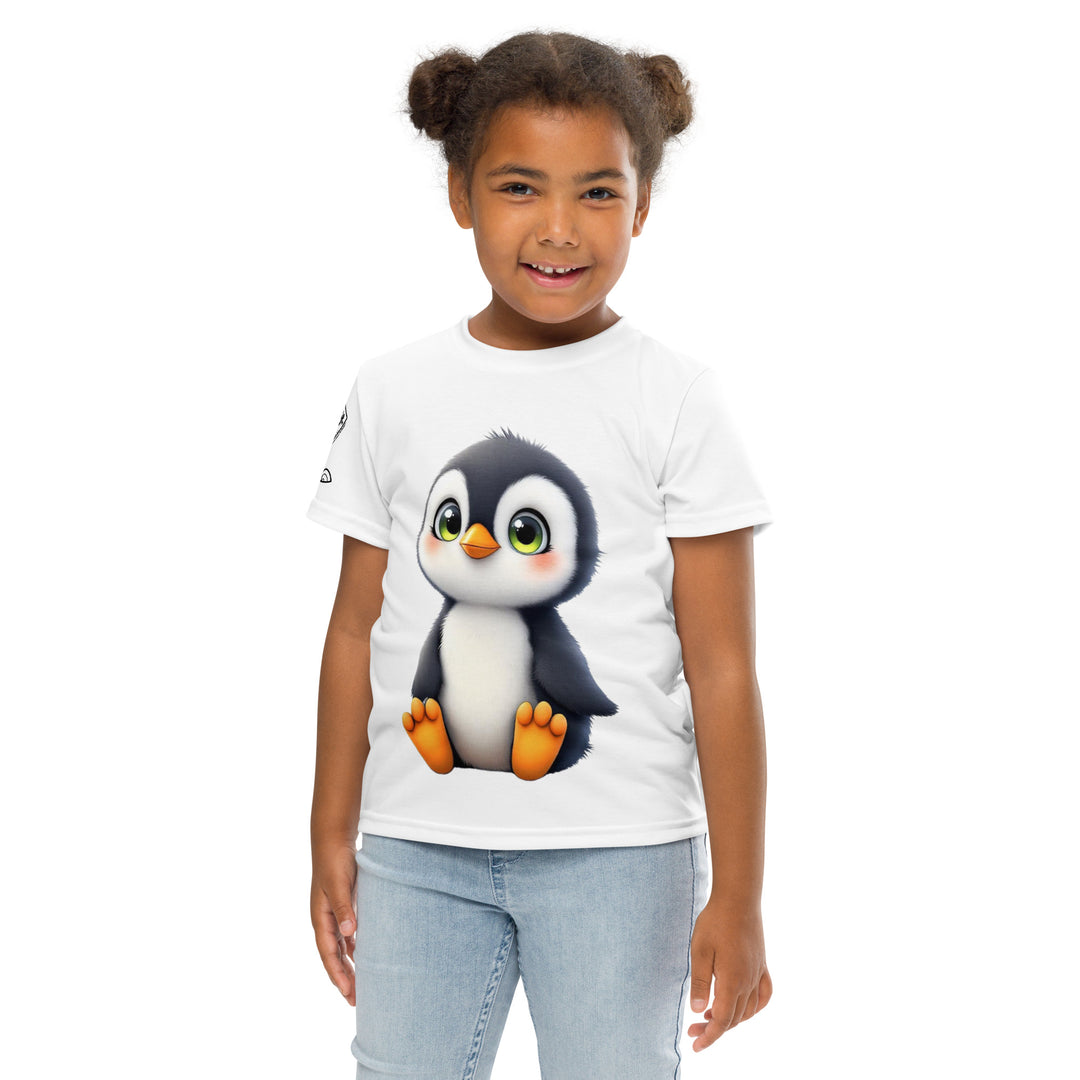 Chilly Penguin Girls T-shirt, white background with a black and white baby penguin sitting with green eyes on the front, a black line snow sign with "NORTH POLE" text on the left sleeve, and a black and white iceberg on the back, front pose with arms at sides on model