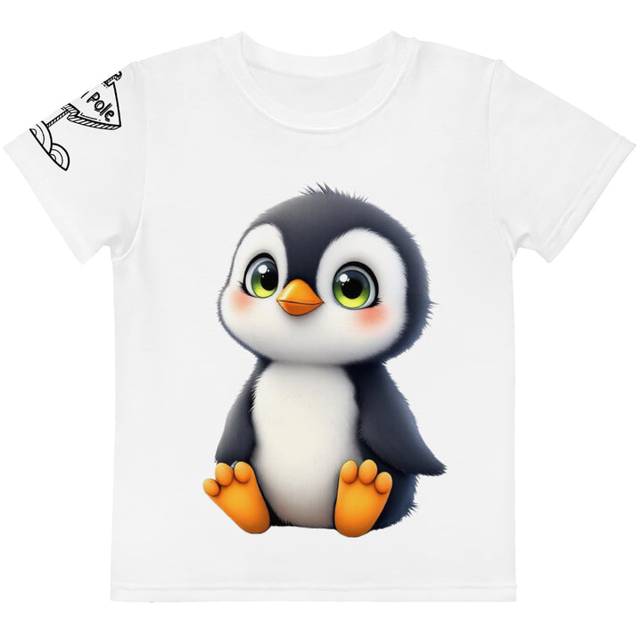 Chilly Penguin Girls T-shirt, white background with a black and white baby penguin sitting with green eyes on the front, a black line snow sign with "NORTH POLE" text on the left sleeve, and a black and white iceberg on the back, front view