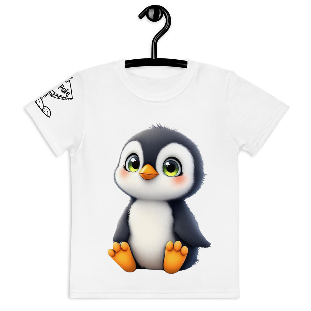 Chilly Penguin Girls T-shirt, white background with a black and white baby penguin sitting with green eyes on the front, a black line snow sign with "NORTH POLE" text on the left sleeve, and a black and white iceberg on the back, front view on hanger
