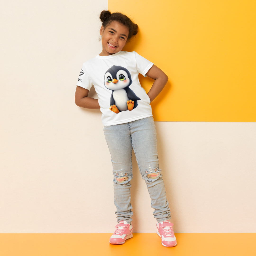 Chilly Penguin Girls T-shirt, white background with a black and white baby penguin sitting with green eyes on the front, a black line snow sign with "NORTH POLE" text on the left sleeve, and a black and white iceberg on the back, relaxed front pose on model
