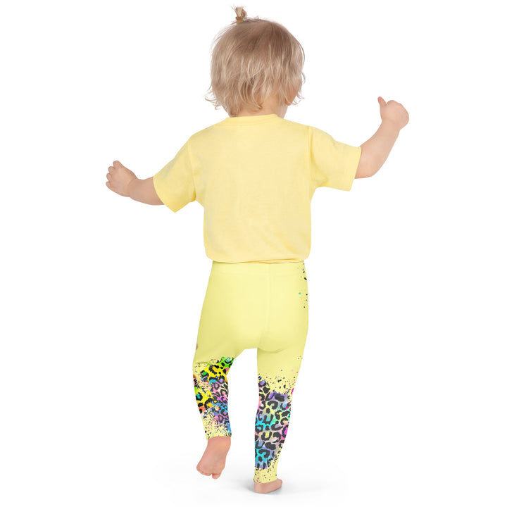 ColorSplash Panda Girls Leggings, yellow background with a colorful koala on each leg, featuring a vibrant tiger-striped design blending into the yellow background, partial yellow areas, back pose on model